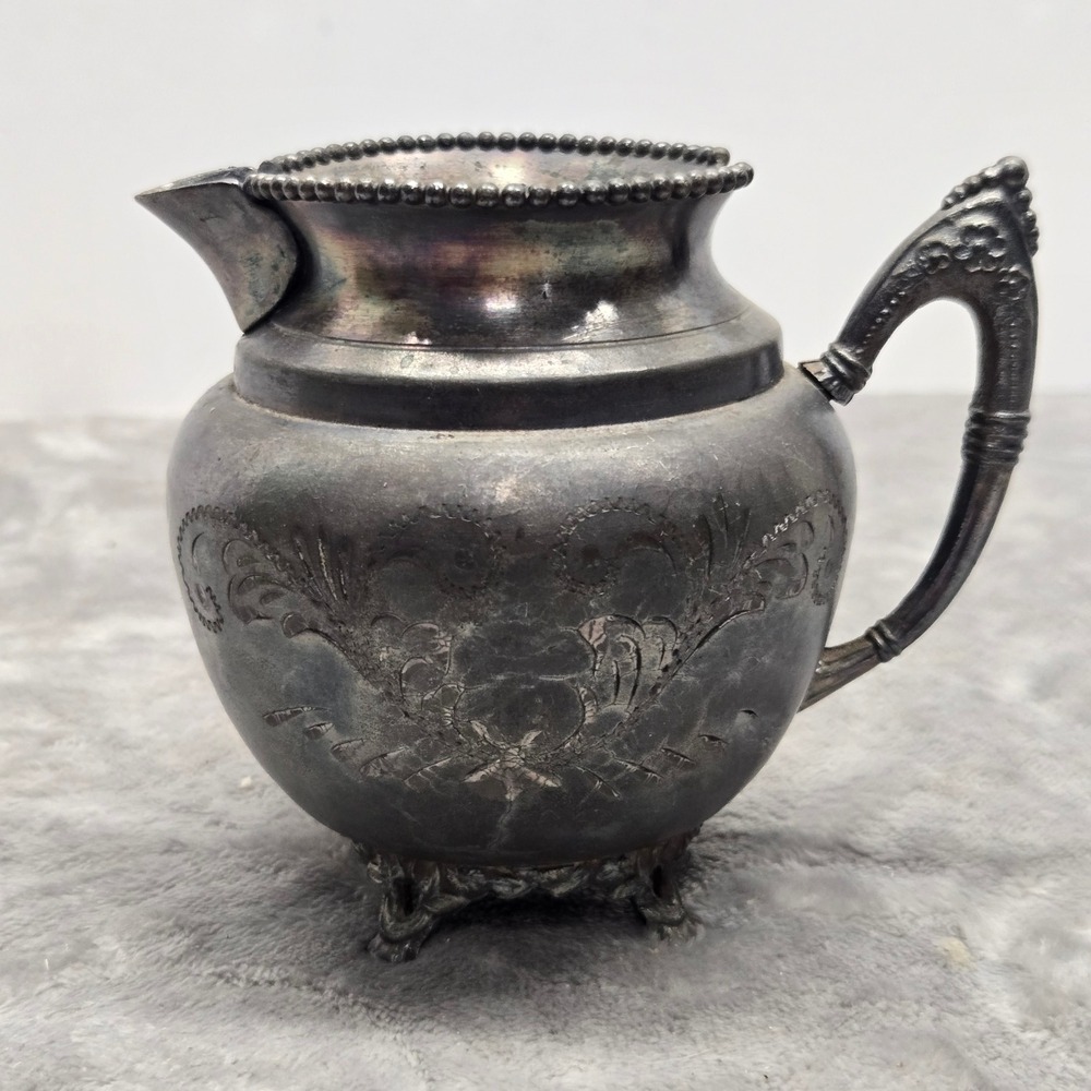 Benedict Mfg Co Silver Plate Footed Creamer Pitcher Etched‎ Floral Beaded Rim